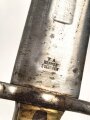 Württemberg, Pionierfaschinenmesser Modell 1871, mit Klinge älterer Ausführung, Hersteller FA Hermes Solingen, Klingenlänge 44,8 cm, Gesamtlänge mit Scheide 58 cm, Truppenstempel, Abnahmestempel 97 W, die Scheidenbeschläge gereinigt