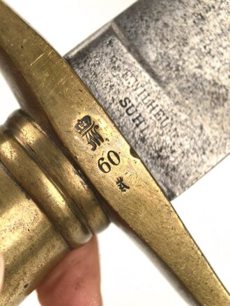 Preussen Kaiserreich, Faschinenmesser für Infanterie Modell 1852, Truppenstempel und Abnahme 60 W auf Parierstange, Hersteller E.Wilhelm. Suhl