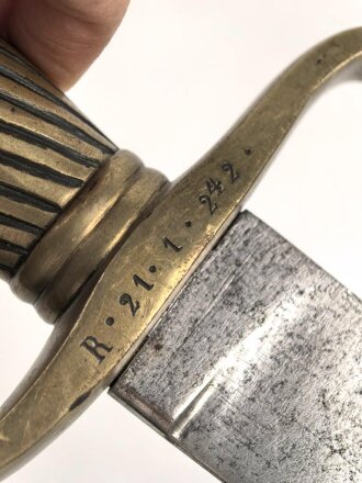 Preussen Kaiserreich, Faschinenmesser für Infanterie Modell 1852, Truppenstempel und Abnahme 60 W auf Parierstange, Hersteller E.Wilhelm. Suhl