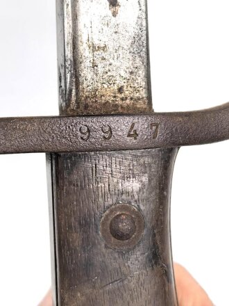 Belgien,Seitengewehr Modell 1882, ungereinigt, Klingenlänge 52,22,  Gesamtlänge 67,3 cm somit etwas länger als gewöhnlich,