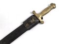 Frankreich Faschinenmesser Modell 1831, ungereinigt, Herstellerstempel Pichet freres Chatellerault 1833, mit Koppelschuh deren Befestigungslasche leider abgerissen ist, Scheide  cirka 9 mm geschrumpft