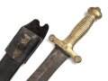 Frankreich Faschinenmesser Modell 1831, ungereinigt, Herstellerstempel Pichet freres Chatellerault 1833, mit Koppelschuh deren Befestigungslasche leider abgerissen ist, Scheide  cirka 9 mm geschrumpft