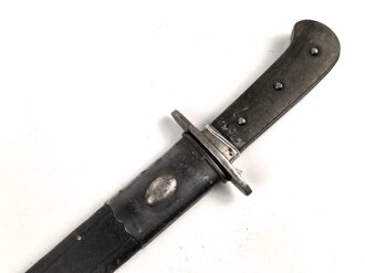 Kaiserreich, Hirsch-/Saufänger um 1890, Horngriffschalen, Lederscheide mit brünierten Stahlbeschlägen, Hersteller Eickhorn Solingen