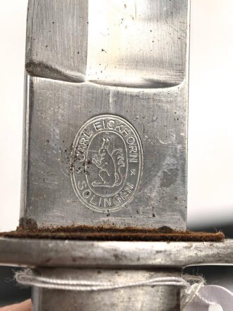 Kaiserreich, Hirsch-/Saufänger um 1890, Horngriffschalen, Lederscheide mit brünierten Stahlbeschlägen, Hersteller Eickhorn Solingen