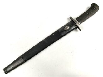 Kaiserreich, Hirsch-/Saufänger um 1890, Horngriffschalen, Lederscheide mit brünierten Stahlbeschlägen, Hersteller Eickhorn Solingen