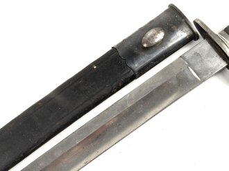 Kaiserreich, Hirsch-/Saufänger um 1890, Horngriffschalen, Lederscheide mit brünierten Stahlbeschlägen, Hersteller Eickhorn Solingen