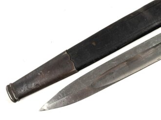 Kaiserreich, Hirsch-/Saufänger um 1890, Horngriffschalen, Lederscheide mit brünierten Stahlbeschlägen, Hersteller Eickhorn Solingen