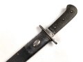 Kaiserreich, Hirsch-/Saufänger um 1890, Horngriffschalen, Lederscheide mit brünierten Stahlbeschlägen, Hersteller Eickhorn Solingen