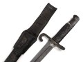 Österreich, Seitengewehr Modell 1870, ungereinigt, mit Koppelschuh, Herstellermarke auf Klingenansatz, Drückerfede bzw Drückerknopf entfernt und mit Zinn ausgefüllt,