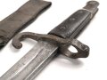 Österreich, Seitengewehr Modell 1870, ungereinigt, mit Koppelschuh, Herstellermarke auf Klingenansatz, Drückerfede bzw Drückerknopf entfernt und mit Zinn ausgefüllt,