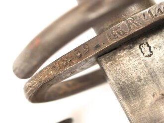 Württemberg, Infanterie Faschinenmesser Modell 1829, Truppenstempel auf Parierstange, diese abgeändert wie zu einem Katzbalger gehörig, ungleicher  Truppenstempel  auf Scheidenhaken, Stück wohl für historische Aufführungen abgeändert