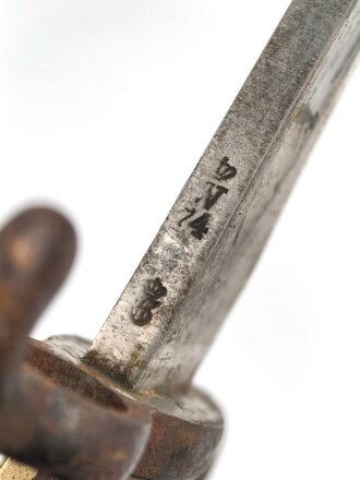 Preußen, Kaiserreich, Seitengewehr Modell 1871, nummerngleicher Truppenstempel, Hersteller Lüneschloß Solingen, Abnahmestempel W 74, ungereinigtes Stück