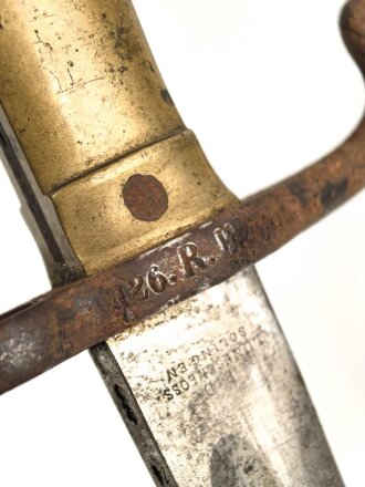 Preußen, Kaiserreich, Seitengewehr Modell 1871, nummerngleicher Truppenstempel, Hersteller Lüneschloß Solingen, Abnahmestempel W 74, ungereinigtes Stück