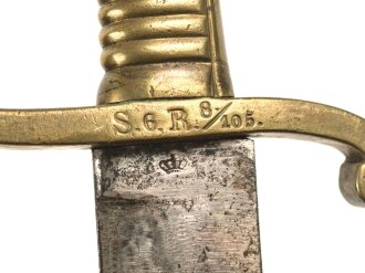 Sachsen, Faschinenmesser Modell 1845 , Truppenstempel auf Parierstange, Königskrone auf Parierstangenende, Scheide mit ungewöhnlicher Befestigung, ähnlich Bayern, jedoch passgenau, Ortblech fehlt, Leder biegsam