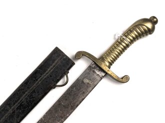 Sachsen, Faschinenmesser Modell 1845 , Truppenstempel auf Parierstange, Königskrone auf Parierstangenende, Scheide mit ungewöhnlicher Befestigung, ähnlich Bayern, jedoch passgenau, Ortblech fehlt, Leder biegsam