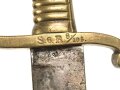 Sachsen, Faschinenmesser Modell 1845 , Truppenstempel auf Parierstange, Königskrone auf Parierstangenende, Scheide mit ungewöhnlicher Befestigung, ähnlich Bayern, jedoch passgenau, Ortblech fehlt, Leder biegsam