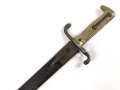Preußen Kaiserreich, Seitengewehr Modell 1871 mit Säge, verschiedene Truppenstempel, Hersteller Kirschbaum Solingen, Lederscheide mit Knick aber fest, ungereinigt. Kammerstück von 1874