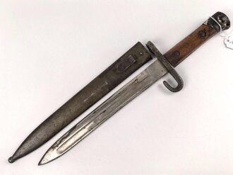 Österreich, Seitengewehr  Modell 1895 Mannlicher  für Stutzen, Eigentumstück,  Portepeeöse fehlt, Hersteller FGGY, Spitze der Klinge um ca 2 cm gekürz, Drücker fest
