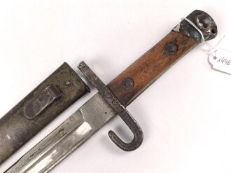Österreich, Seitengewehr  Modell 1895 Mannlicher  für Stutzen, Eigentumstück,  Portepeeöse fehlt, Hersteller FGGY, Spitze der Klinge um ca 2 cm gekürz, Drücker fest
