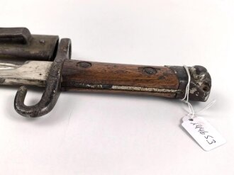 Österreich, Seitengewehr  Modell 1895 Mannlicher  für Stutzen, Eigentumstück,  Portepeeöse fehlt, Hersteller FGGY, Spitze der Klinge um ca 2 cm gekürz, Drücker fest