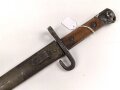 Österreich, Seitengewehr  Modell 1895 Mannlicher  für Stutzen, Eigentumstück,  Portepeeöse fehlt, Hersteller FGGY, Spitze der Klinge um ca 2 cm gekürz, Drücker fest