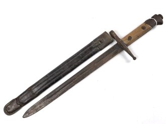 Italien, Seitengewehr Modell 1891/97 Carcano für Truppi Speziali für Gewehr Moschetto TS, Hersteller MA, Lederschride mit Messingbeschlägen, ungereinigt