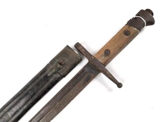 Italien, Seitengewehr Modell 1891/97 Carcano für Truppi Speziali für Gewehr Moschetto TS, Hersteller MA, Lederschride mit Messingbeschlägen, ungereinigt