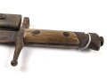 Italien, Seitengewehr Modell 1891/97 Carcano für Truppi Speziali für Gewehr Moschetto TS, Hersteller MA, Lederschride mit Messingbeschlägen, ungereinigt