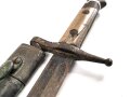 Italien, Seitengewehr Modell 1891/97 Carcano für Truppi Speziali für Gewehr Moschetto TS, Hersteller MA, Lederschride mit Messingbeschlägen, ungereinigt