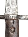 Italien, Seitengewehr Modell Carcano 1891 , Stahlscheide mit Sicken, offene Lötstelle ca 12 cm , Griffschale an der Vernietung ausgebrochen ,aber fest