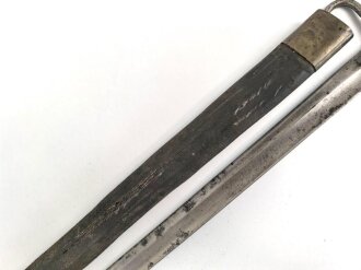 Italien, Seitengewehr Modell Vetterli 1870, Lederscheide mit Messingbeschlägen, ungereinigt, Scheide geschrumpft  ca 27 mm
