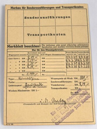 Die deutsche Arbeitsfront "Kdf-Wagen-Sparkarte" ausgestellt 1939, mit Quittungen und Begleitschreiben