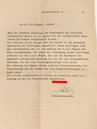 Die deutsche Arbeitsfront "Kdf-Wagen-Sparkarte" ausgestellt 1939, mit Quittungen und Begleitschreiben