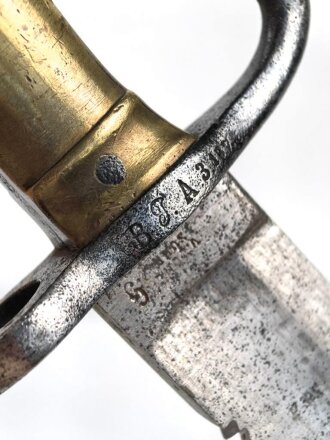 Kaiserreich, Pionierfaschinenmesser mit Säge Modell 1871 aus Modell 1860 gefertigt, Laufring ausgebuchst auf ca 17,3 mm, Suhler Hersteller