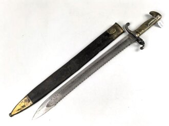 Kaiserreich, Pionierfaschinenmesser mit Säge Modell 1871 aus Modell 1860 gefertigt, Laufring ausgebuchst auf ca 17,3 mm, Suhler Hersteller