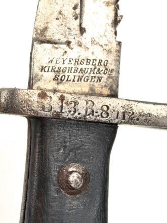 Bayern, Seitengewehr Modell 71/84 mit Säge  Hersteller Weyersberg Kirschbaum Solingen, bayrischer Truppenstempel auf Parierstange, Abnahme W 88 und L mit Krone 91 , O mit Krone, Scheidennaht offen , Leder weich