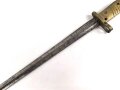 1.Weltkrieg Ersatzseitengewehr mit geriffeltem Messinggriff ohne Scheide, Reinigungsloch,  mit ausgeprägter Laufkralle und dreikantiger Klinge