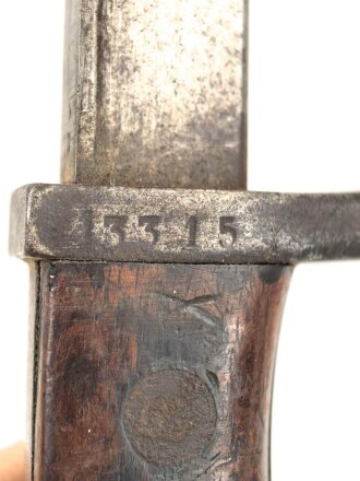1.Weltkrieg Ersatzseitengewehr EB 90 aus belgischem Comblain Modell 1882 Garde Civique,  Scheide mit Originallack, deutscher Abnahmestempel auf Knaufoberseite,