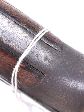 1.Weltkrieg Ersatzseitengewehr EB 90 aus belgischem Comblain Modell 1882 Garde Civique,  Scheide mit Originallack, deutscher Abnahmestempel auf Knaufoberseite,