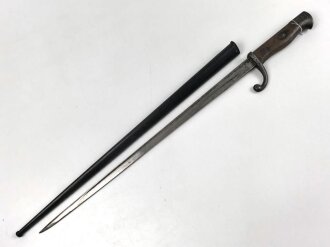 1.Weltkrieg Ersatzseitengewehr EB 90 aus belgischem Comblain Modell 1882 Garde Civique,  Scheide mit Originallack, deutscher Abnahmestempel auf Knaufoberseite,