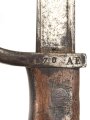 1.Weltkrieg Ersatzseitengewehr EB 90 aus belgischem Comblain Modell 1882 Garde Civique,  Scheide mit Originallack, deutscher Abnahmestempel auf Knaufoberseite,