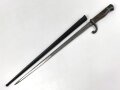 1.Weltkrieg Ersatzseitengewehr EB 90 aus belgischem Comblain Modell 1882 Garde Civique,  Scheide mit Originallack, deutscher Abnahmestempel auf Knaufoberseite,
