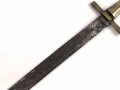 Schweiz, Weidmesser ohne Scheide , aufpflanzbar, Kantonal, Arretierungsfeder fehlt, Gesamtlänge 65,7 cm, Messinggriff mit gerader Parierstange   glatte Keilklinge beschliffen mit Rostspuren,  Schlitzlänge für die Gewehraufnahme 7cm, Schlitzbreite 3,5 mm