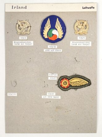 Irland, Sammlung Kragenabzeichen Luftwaffe, auf Karton...