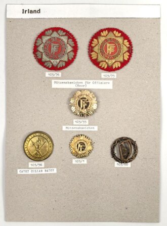 Irland, Sammlung Mützenabzeichen, auf Karton getackert