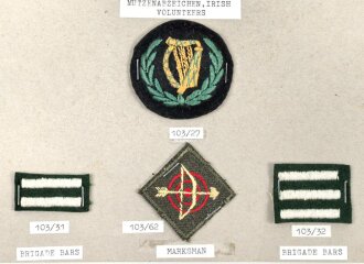 Irland, Sammlung Mützenabzeichen und Rangabzeichen Heer, auf Karton getackert