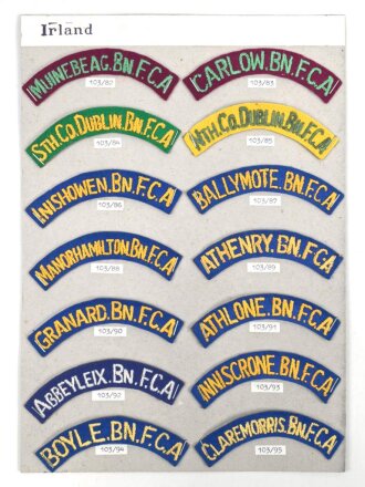 Irland, Sammlung Ärmelabzeichen, auf Karton getackert