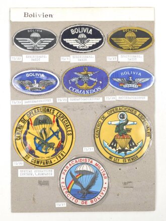 Bolivien, Sammlung Brust und Ärmelabzeichen, auf Karton getackert