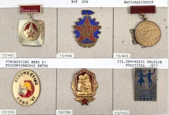 Tschechoslowakei, Sammlung verschiedener Abzeichen, teils auf Karton geklebt