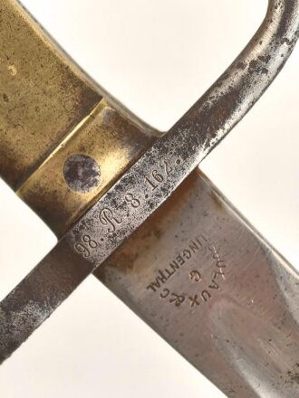 Kaiserreich, Preussen, Seitengewehr Modell 1871, Kammerstück, W 73, Hersteller Coulaux & Co Klingenthal, Abnahmestempel auf allen Teilen, Truppenstempel auf Parierstange, Mundblechschraube fehlt, einsatzgeschliffen ,